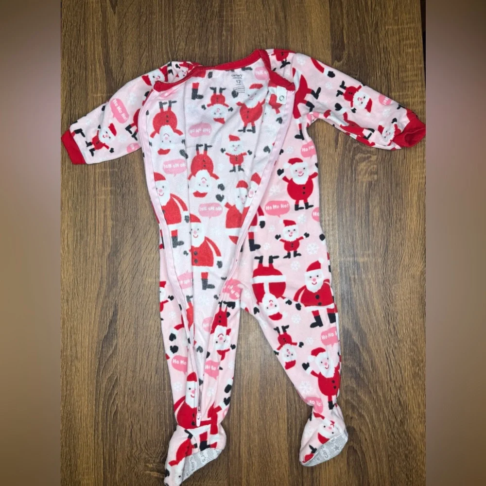 Carter’s Pink Red Santa Christmas Footed Fleece footie pajamas pjs 9-12 months